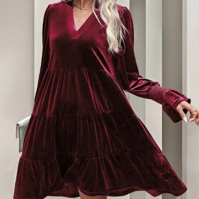 Elegant Velvet Long Sleeve  Solid Color Dress