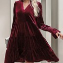  Elegant Velvet Long Sleeve  Solid Color Dress