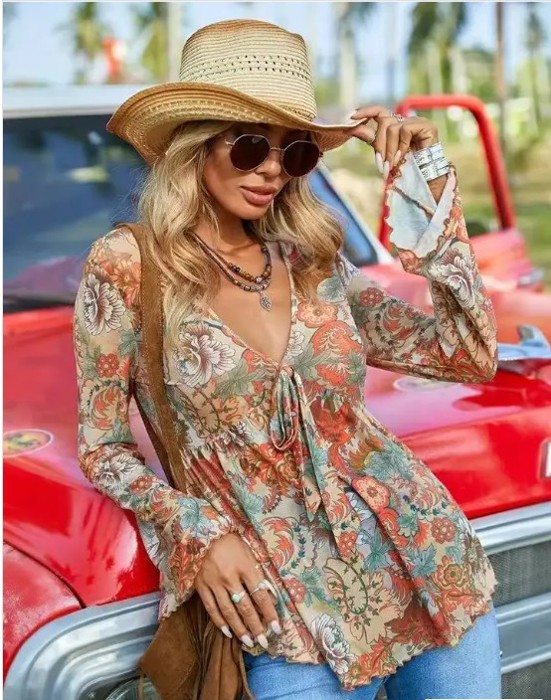 Western Printed Bell Sleeve Blouse