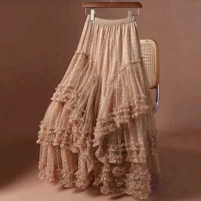 Mesh ruffle maxi skirt
