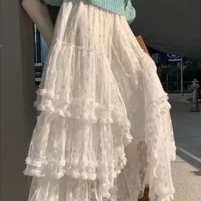 Lace ruffle mesh maxi skirt