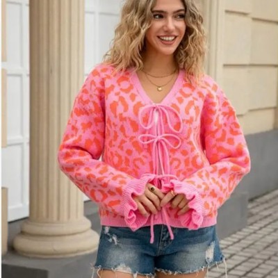  Leopard Knit Cardigan with Front Tie