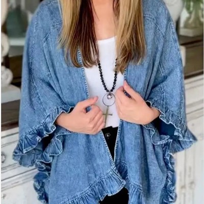 Ruffle trim denim cardigan
