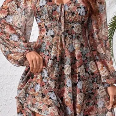 Floral Print Puff Sleeve  Dress
