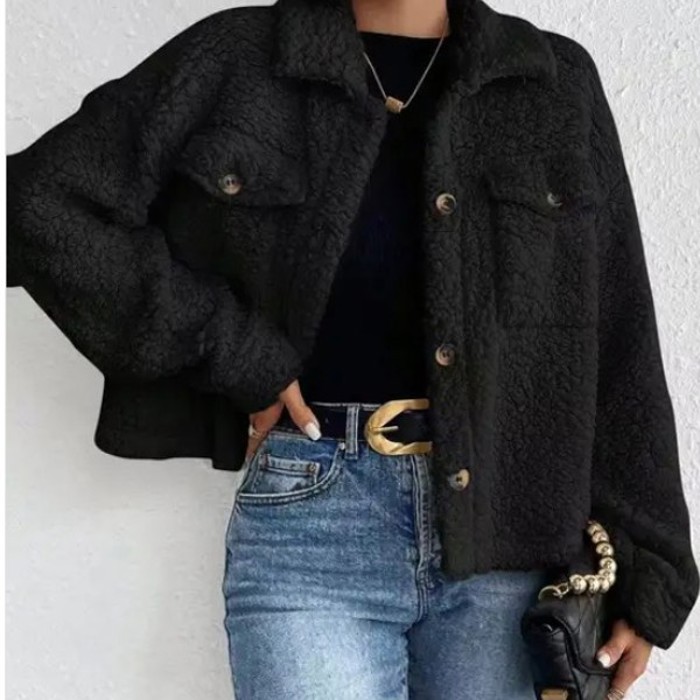 Collared Button Faux Fur Short Coat