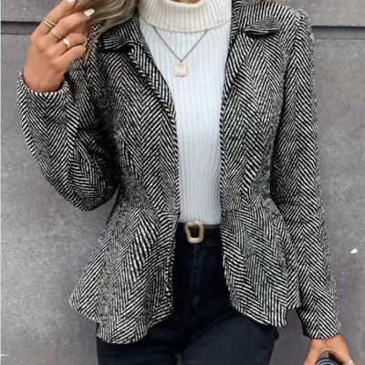 Houndstooth Patterned Blazer with Belted Waist