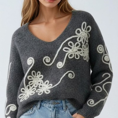 Floral Swirl Embroidered Knit Sweater
