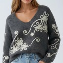  Floral Swirl Embroidered Knit Sweater