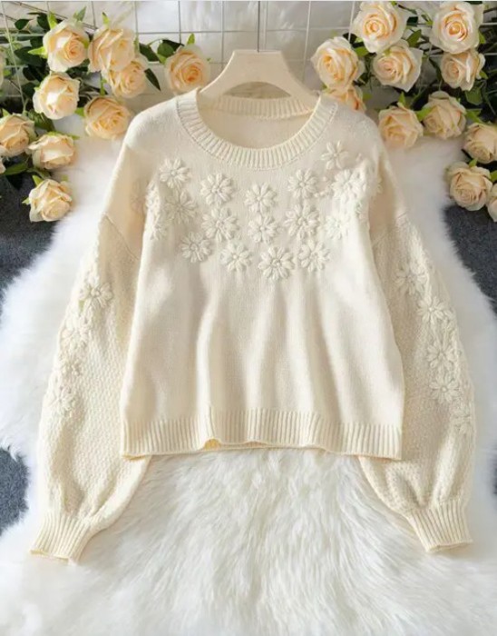 Embroidered 3D Daisy Knit Sweater