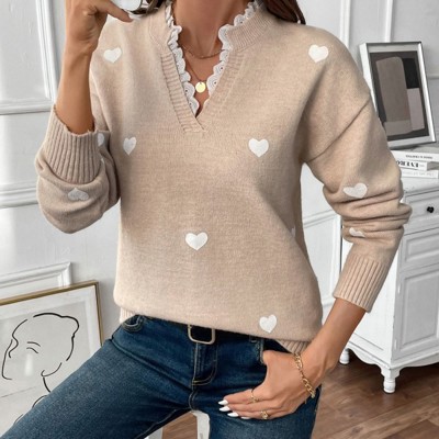 Heart Print Lace Trim Sweater