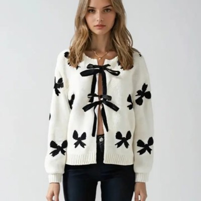 Bow Print Tie-Front Cardigan