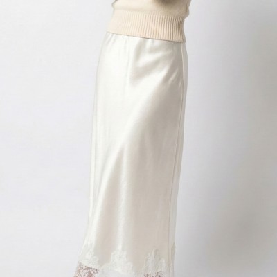 Satin Midi Skirt with Lace Trim