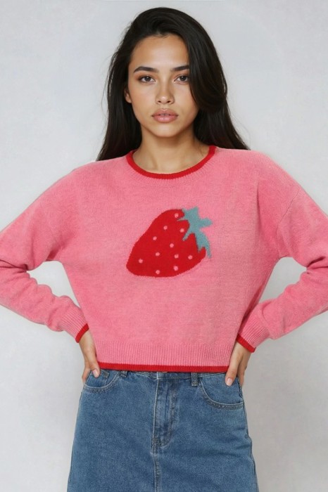 Miss Sparkling Strawberry Print Knit Sweater