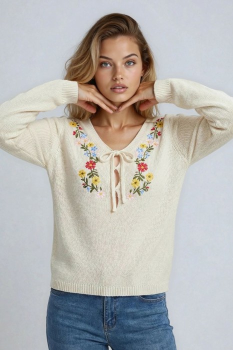Miss Sparkling Floral Embroidered V-Neck Sweater