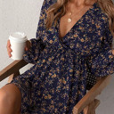  Navy Floral V-Neck Long Sleeve Mini Dress