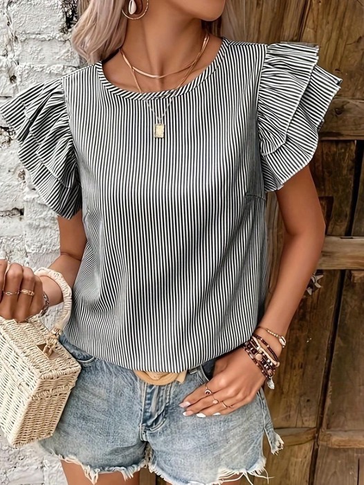 Striped ruffle sleeve blouse