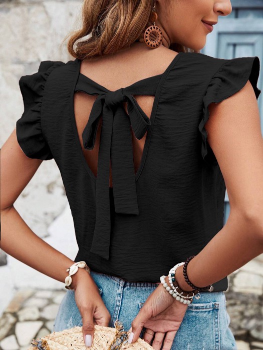 Ruffle Sleeve Blouse with Back Bow Tie – Mauve Pink