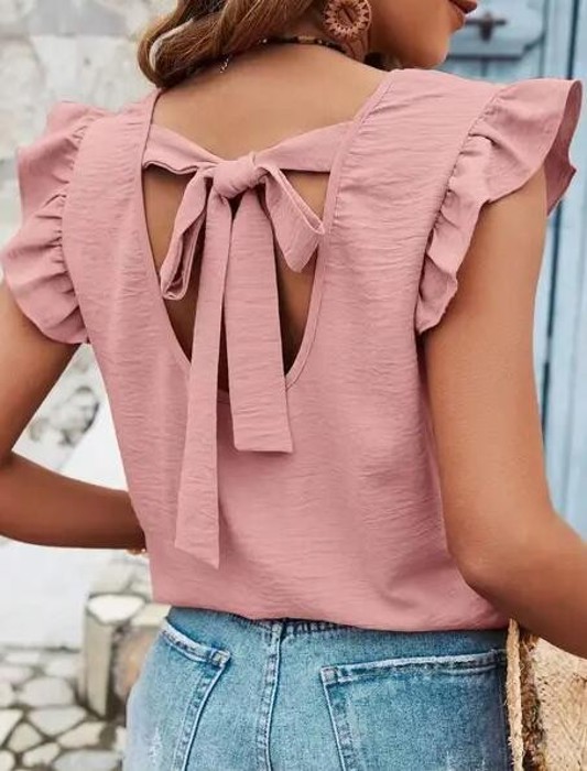 Ruffle Sleeve Blouse with Back Bow Tie – Mauve Pink