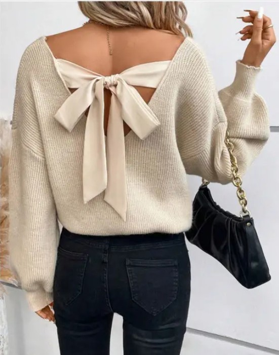Back Tie Detail V-Neck Sweater