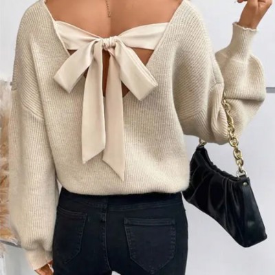 Back Tie Detail V-Neck Sweater