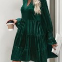  Elegant Velvet Long Sleeve  Solid Color Dress