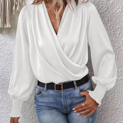 Crossover long sleeve silk blouse