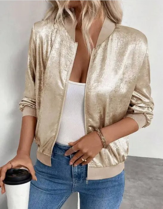 Metallic Zip-Up Bomber Jacket
