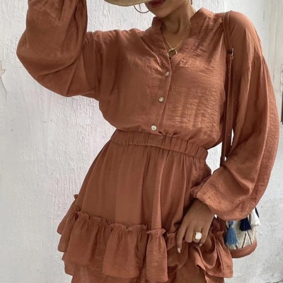 Long sleeve button front ruffle dress