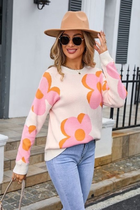 Pink Floral Knit Sweater - Cozy and Chic