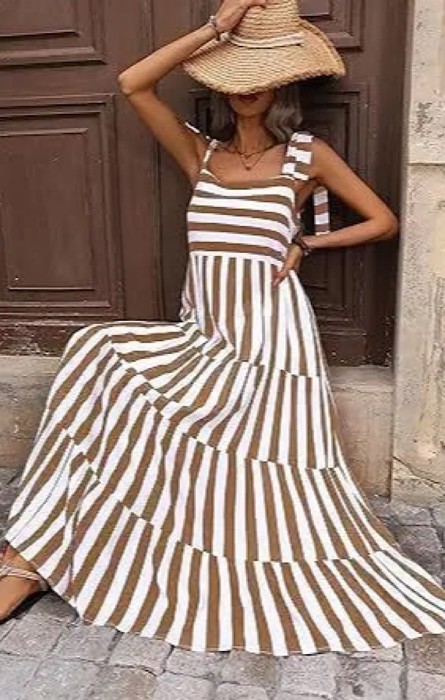 Striped and Floral Sleeveless Maxi Dress