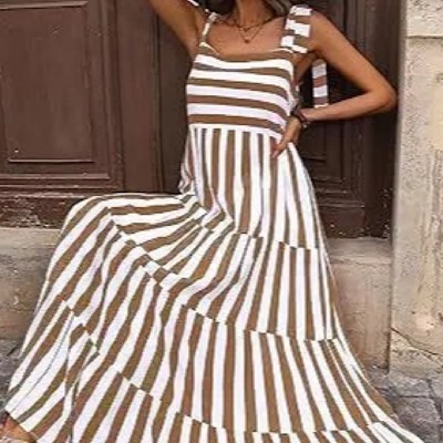 Striped and Floral Sleeveless Maxi Dress