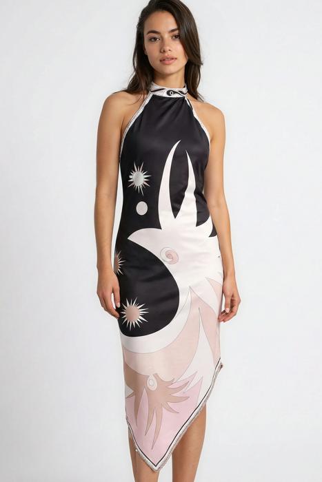 Miss Sparkling Satin Halter Neck Open-Back  Midi Dress