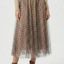 Khaki Small Plaid Tulle Midi Skirt