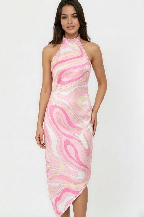 Miss Sparkling Satin Halter Neck Open-Back  Midi Dress