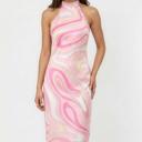 Pink Small Miss Sparkling Satin Halter Neck Open-Back  Midi Dress