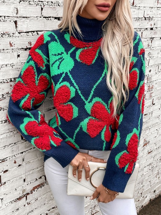 Floral knit turtleneck sweater