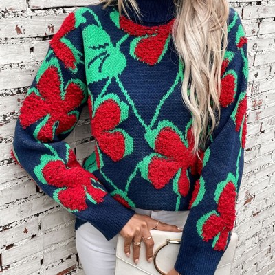 Floral knit turtleneck sweater
