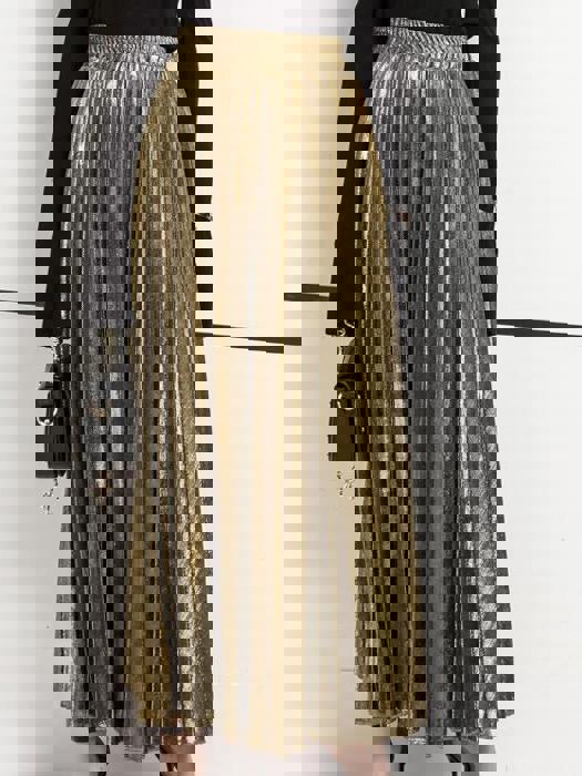 Metallic Pleated Maxi Skirt