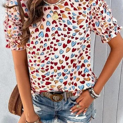 Round neck heart print ruffled sleeve top