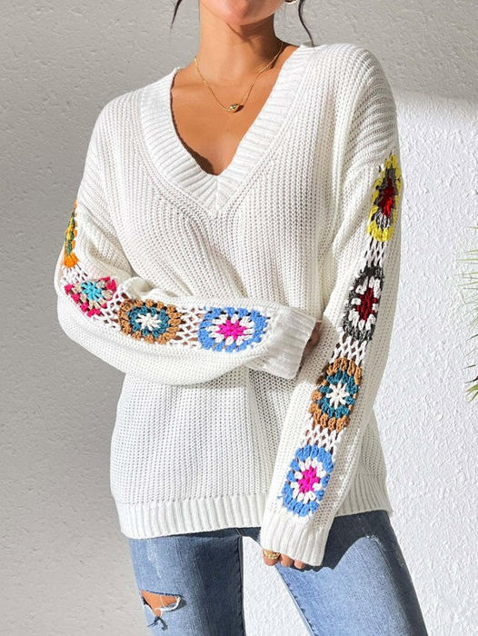 Miss Sparkling V neck crochet sleeve sweater