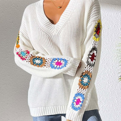 Miss Sparkling V neck crochet sleeve sweater