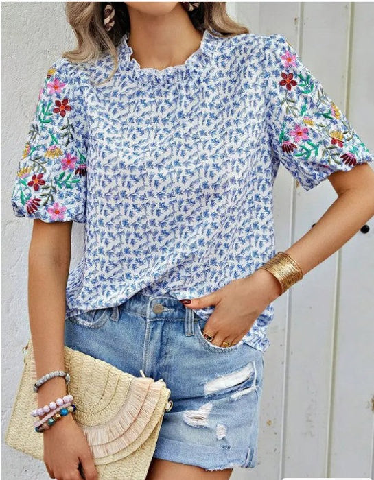 Miss Sparkling Floral Patchwork Short-Sleeve Top