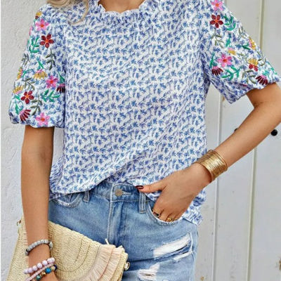 Miss Sparkling Floral Patchwork Short-Sleeve Top