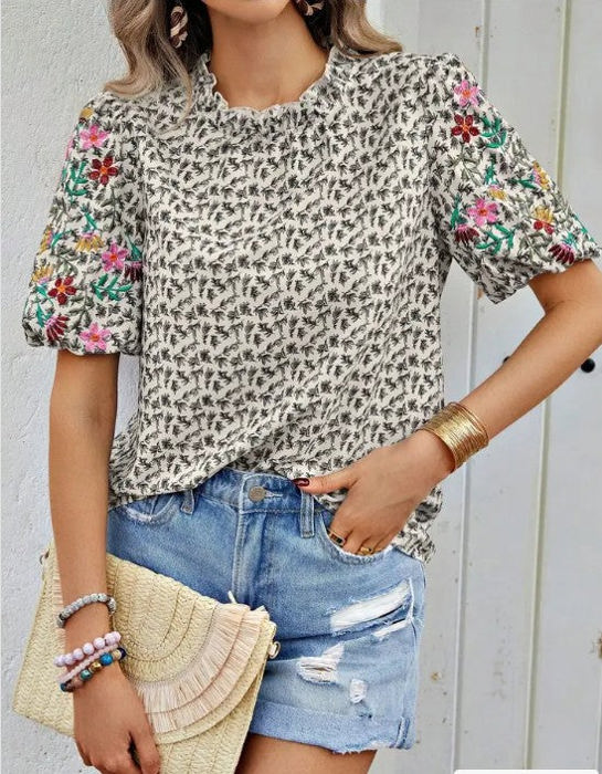 Miss Sparkling Floral Patchwork Short-Sleeve Top