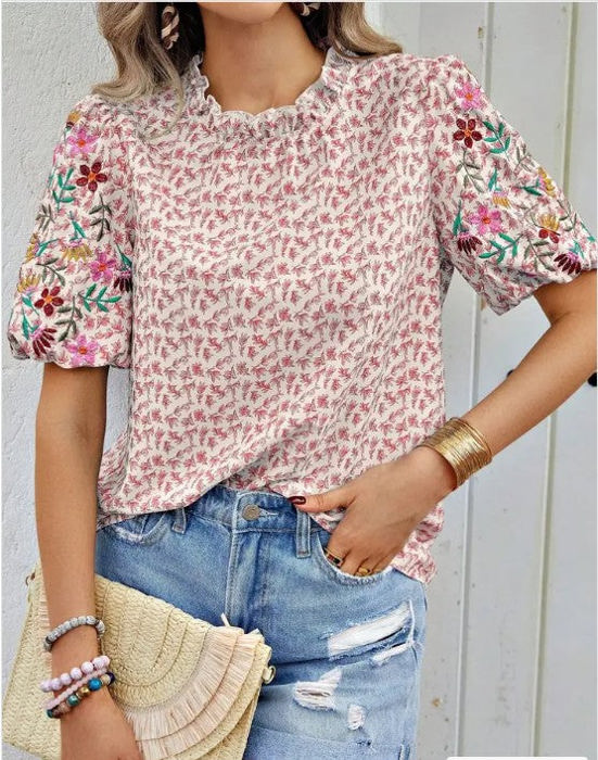 Miss Sparkling Floral Patchwork Short-Sleeve Top