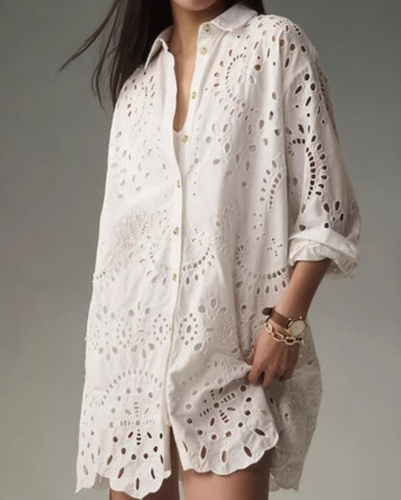 Eyelet Embroidery Long Sleeve Shirt