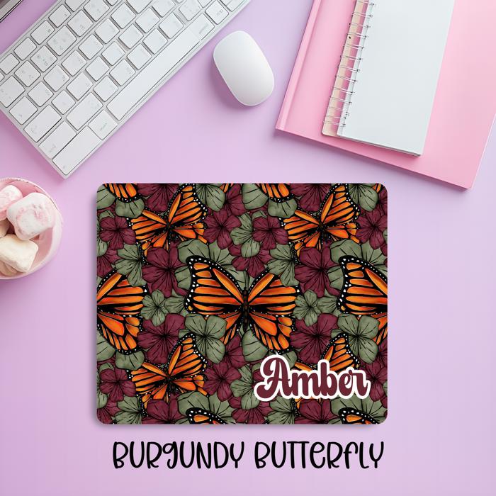 Personalized Burgundy Floral Butterfly Mousepad – Custom Name Elegant Desk Mat