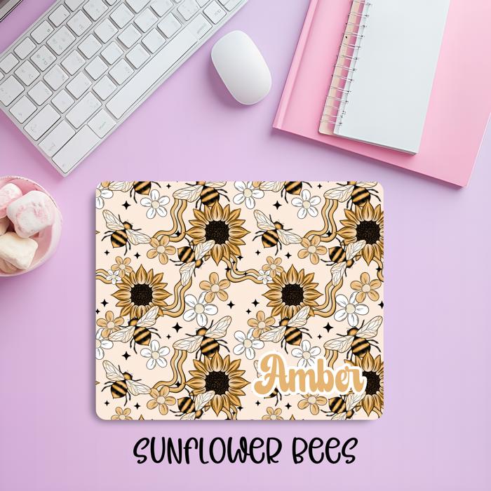 Personalized Whimsical Bee & Sunflower Mousepad – Custom Name Nature-Inspired Desk Mat