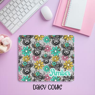 Personalized Highland Cow & Daisies Mousepad – Custom Name Cute Farmhouse Desk Mat