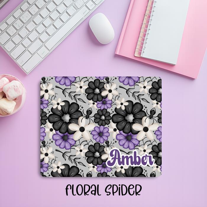 Personalized Gothic Spider & Floral Mousepad – Custom Name Purple & Black Dark Aesthetic Desk Mat